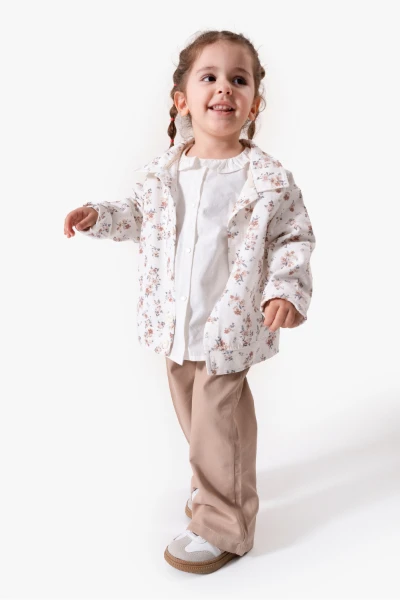 Çiçekli Vintage Tarz & Gömlek Yaka Bayramlık Kız Çocuk Takımı 9094 - BEJ
