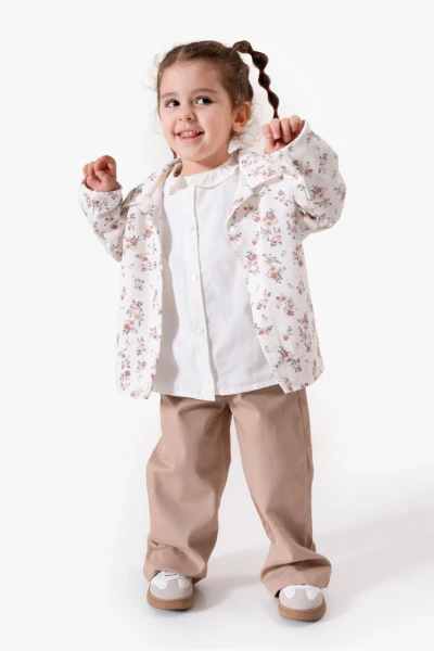 Çiçekli Vintage Tarz & Gömlek Yaka Bayramlık Kız Çocuk Takımı 9094 - BEJ