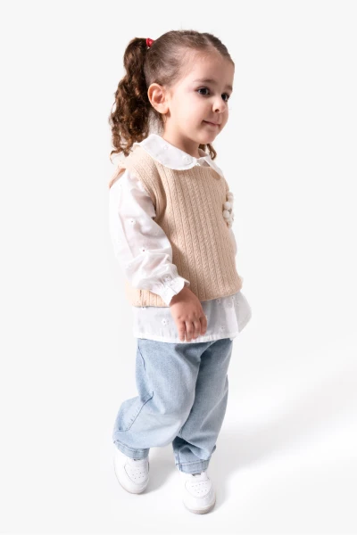 Çiçekli Yelekli Bayramlık 3'lü Kız Takımı 9084 - BEJ