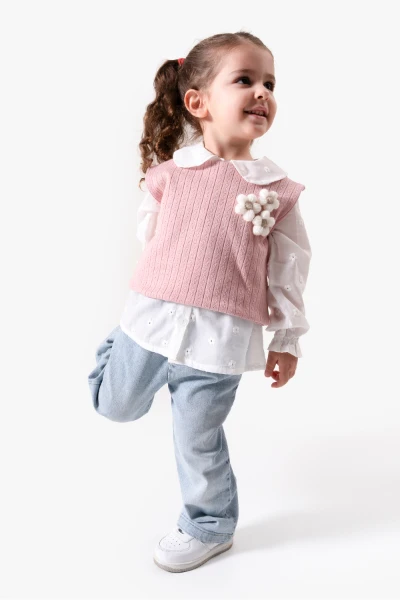 Çiçekli Yelekli Bayramlık 3'lü Kız Takımı 9084 - PEMBE