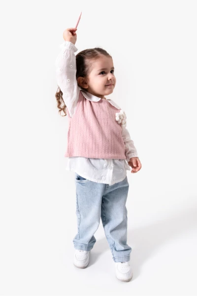 Çiçekli Yelekli Bayramlık 3'lü Kız Takımı 9084 - PEMBE