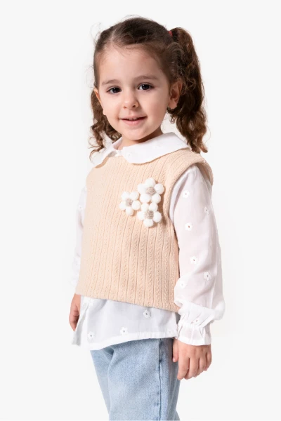 Çiçekli Yelekli Bayramlık 3'lü Kız Takımı 9084 - BEJ