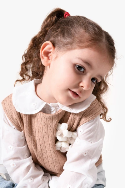 Çiçekli Yelekli Bayramlık 3'lü Kız Takımı 9084 - KAHVERENGİ