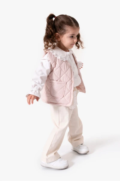 Dantel Yaka Yelekli 3'lü Bebek Takımı 9086 - PEMBE