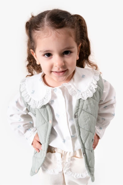 Dantel Yaka Yelekli 3'lü Bebek Takımı 9086 - YEŞİL