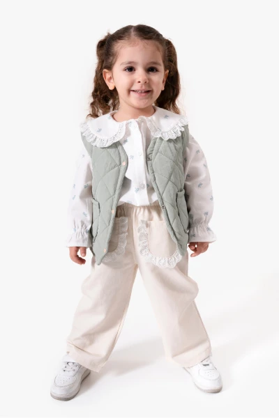 Dantel Yaka Yelekli 3'lü Bebek Takımı 9086 - YEŞİL