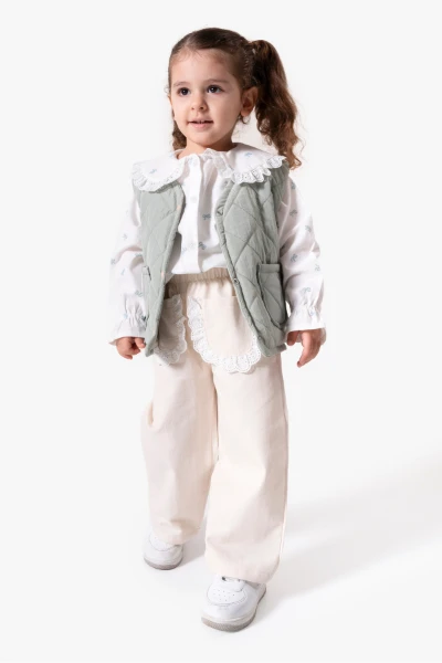 Dantel Yaka Yelekli 3'lü Bebek Takımı 9086 - YEŞİL