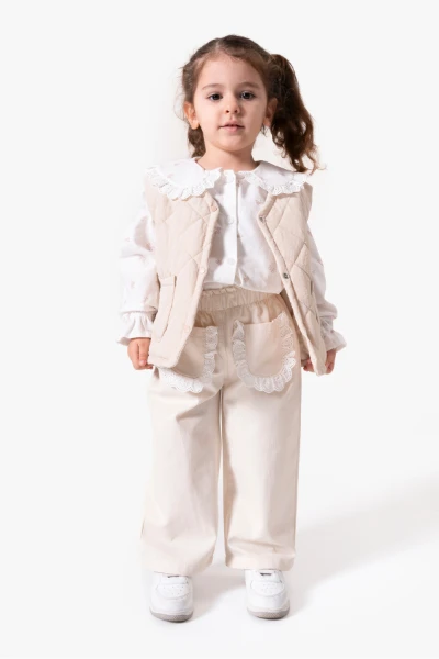 Dantel Yaka Yelekli 3'lü Bebek Takımı 9086 - BEJ