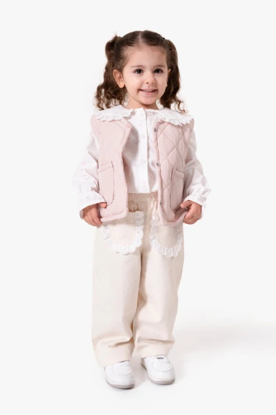 Dantel Yaka Yelekli 3'lü Bebek Takımı 9086 - PEMBE