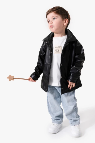 Deri Ceketli Bayramlık & Hediyelik 3'lü Erkek Çocuk Takımı 9089 - SİYAH