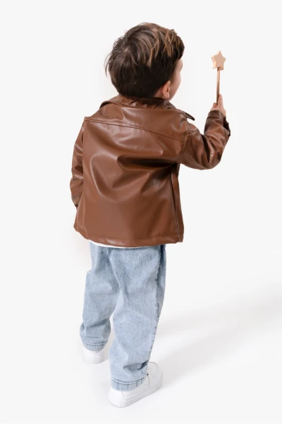 Deri Ceketli Bayramlık & Hediyelik 3'lü Erkek Çocuk Takımı 9089 - KAHVERENGİ