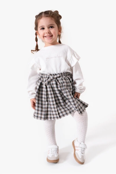 Ekose Etekli Külotlu Çoraplı & Yelekli Bayramlık Kız Bebek 4'lü Takım 9093 - HAKİ