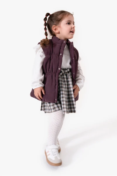 Ekose Etekli Külotlu Çoraplı & Yelekli Bayramlık Kız Bebek 4'lü Takım 9093 - MÜRDÜM