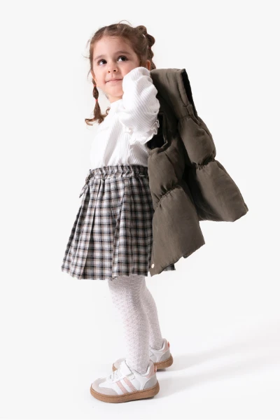 Ekose Etekli Külotlu Çoraplı & Yelekli Bayramlık Kız Bebek 4'lü Takım 9093 - HAKİ