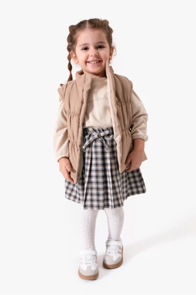 Ekose Etekli Külotlu Çoraplı & Yelekli Bayramlık Kız Bebek 4'lü Takım 9093 - CAMEL