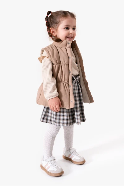 Ekose Etekli Külotlu Çoraplı & Yelekli Bayramlık Kız Bebek 4'lü Takım 9093 - CAMEL