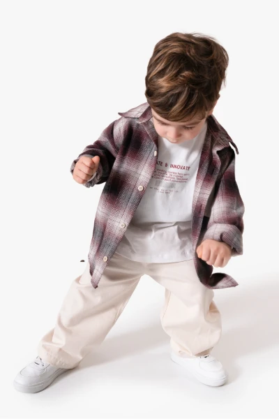 Ekose Gömlekli & Cep Detaylı Erkek Çocuk 3'lü Mevsimlik Takım 9091 - BORDO