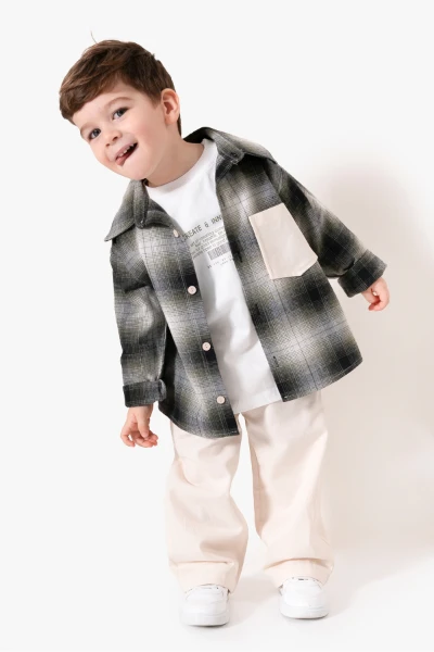 Ekose Gömlekli & Cep Detaylı Erkek Çocuk 3'lü Mevsimlik Takım 9091 - HAKİ