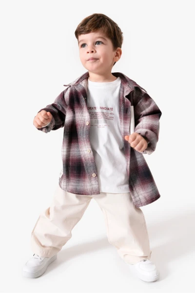 Ekose Gömlekli & Cep Detaylı Erkek Çocuk 3'lü Mevsimlik Takım 9091 - BORDO