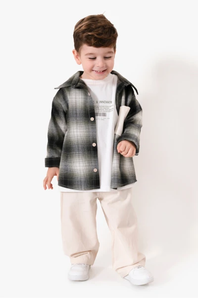 Ekose Gömlekli & Cep Detaylı Erkek Çocuk 3'lü Mevsimlik Takım 9091 - HAKİ