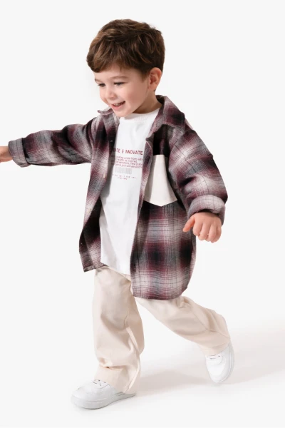 Ekose Gömlekli & Cep Detaylı Erkek Çocuk 3'lü Mevsimlik Takım 9091 - BORDO