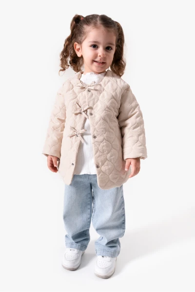 Fiyonk Detaylı Kapitone Montlu 3'lü Kız Çocuk Takımı 9088 - BEJ