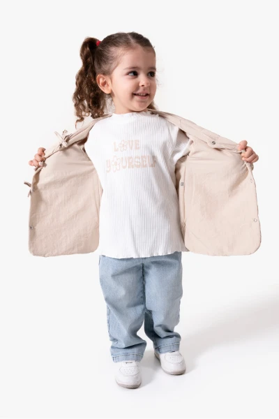 Fiyonk Detaylı Kapitone Montlu 3'lü Kız Çocuk Takımı 9088 - BEJ