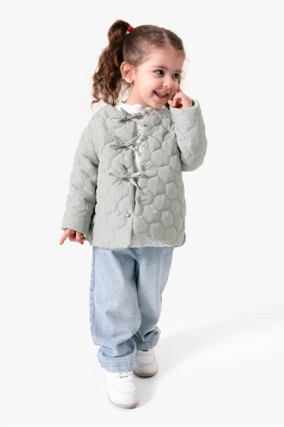 Fiyonk Detaylı Kapitone Montlu 3'lü Kız Çocuk Takımı 9088 - YEŞİL