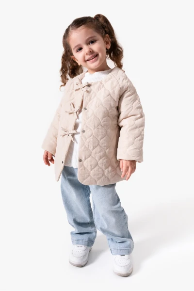 Fiyonk Detaylı Kapitone Montlu 3'lü Kız Çocuk Takımı 9088 - BEJ