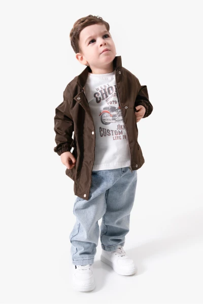 Motor Baskılı Erkek Bebek Günlük 3’lü Set 9087 - KAHVERENGİ