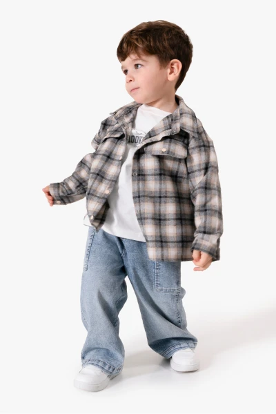 Sırt Baskılı Cep Detaylı 3'lü Erkek Çocuk Takımı 9090 - BEJ