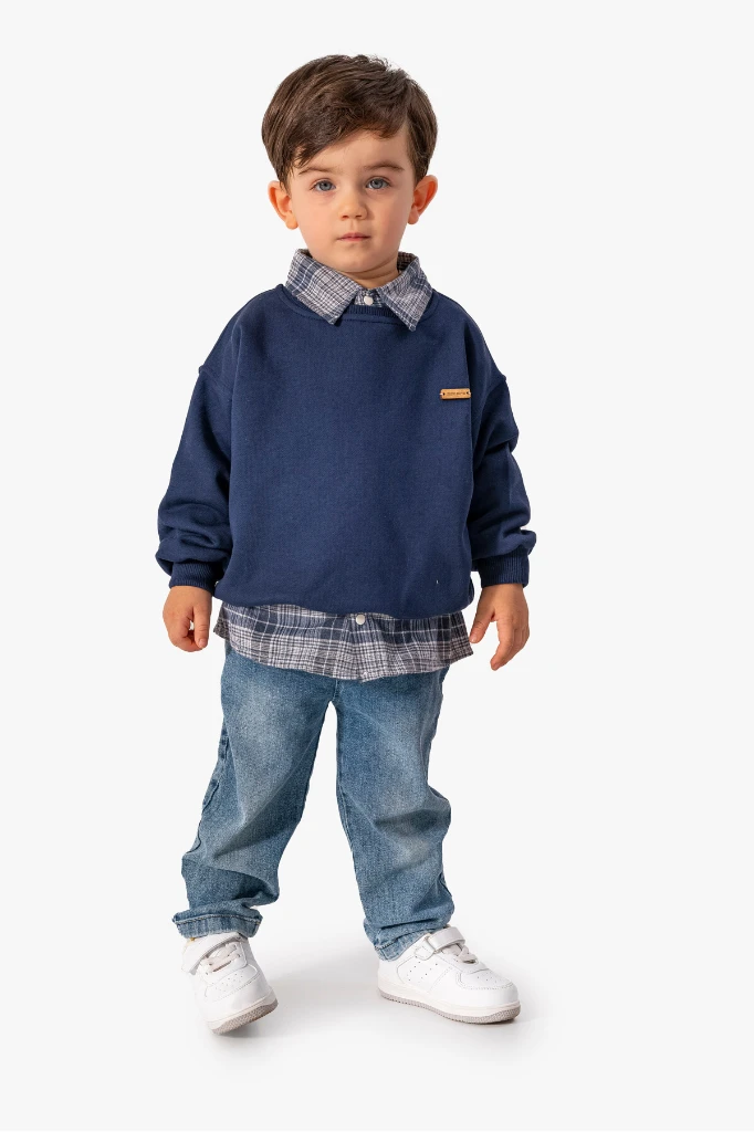 Erkek Bebek Gömlek Sweatshirt ve Kot Pantolon 3'lü Takım 9064 - LACİVERT