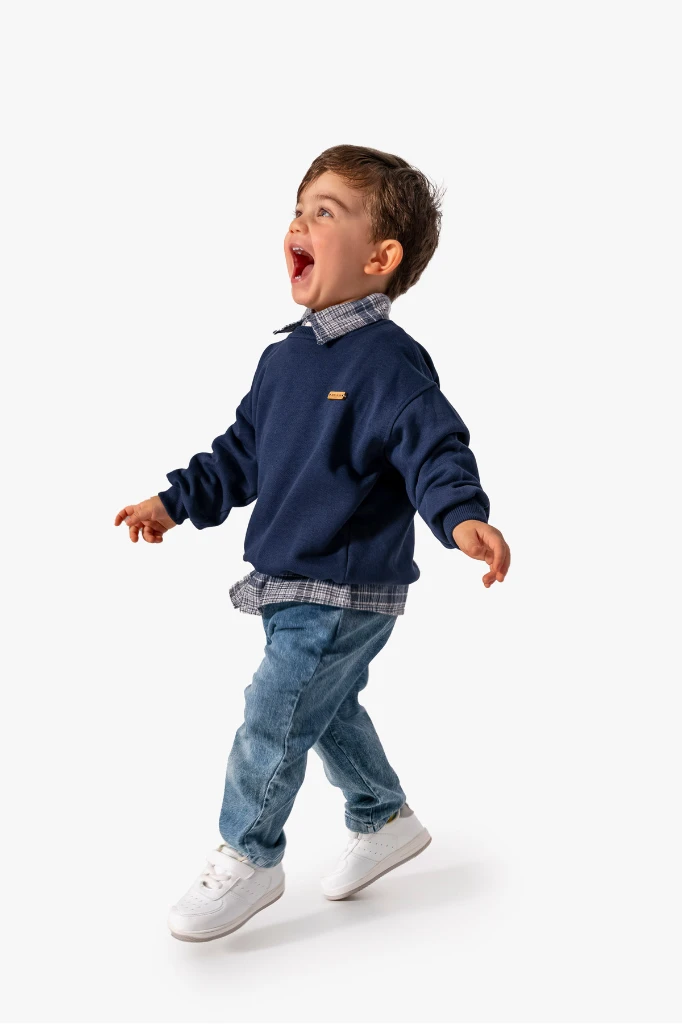 Erkek Bebek Gömlek Sweatshirt ve Kot Pantolon 3'lü Takım 9064 - LACİVERT