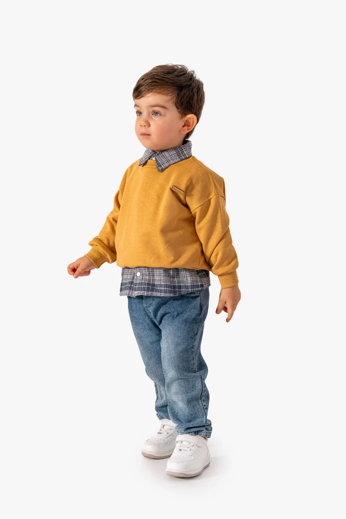 Erkek Bebek Gömlek Sweatshirt ve Kot Pantolon 3'lü Takım 9064 - TURUNCU