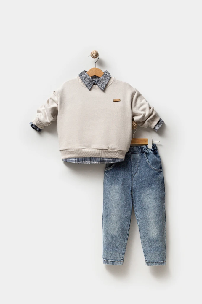 Erkek Bebek Gömlek Sweatshirt ve Kot Pantolon 3'lü Takım 9064 - GRİ