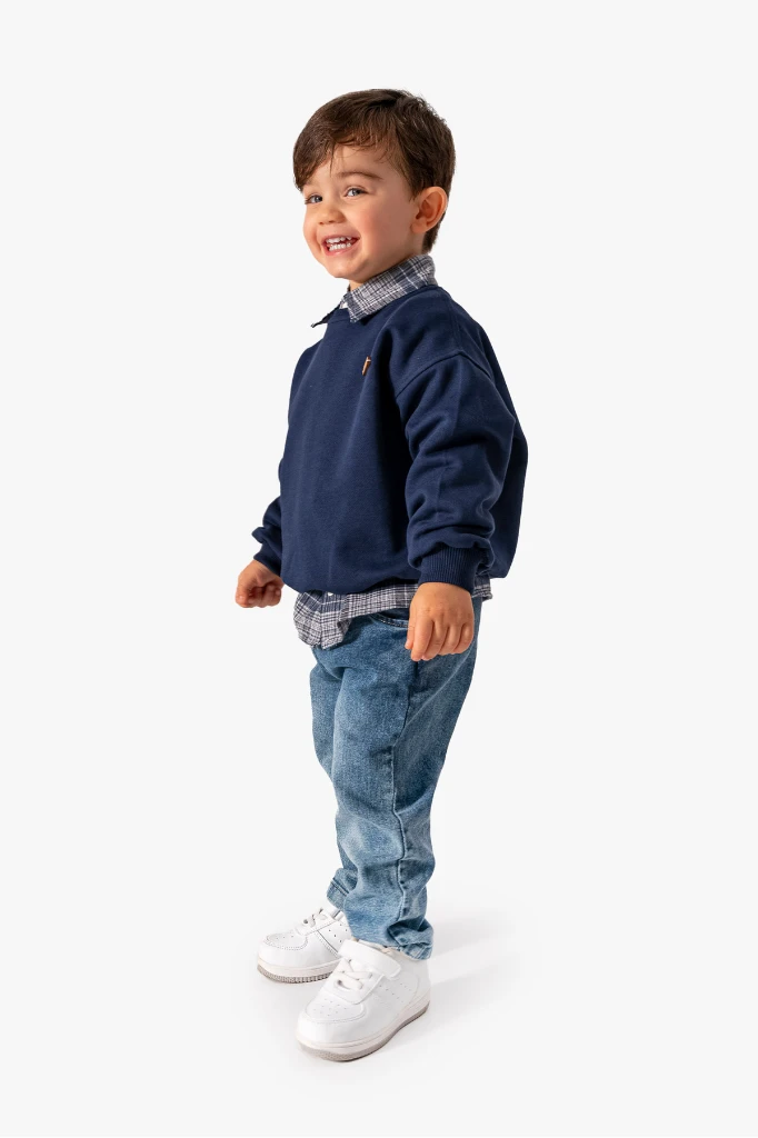 Erkek Bebek Gömlek Sweatshirt ve Kot Pantolon 3'lü Takım 9064 - LACİVERT