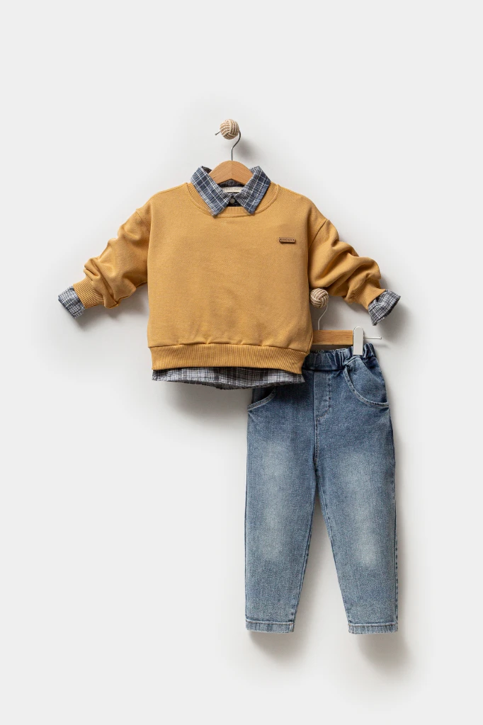 Erkek Bebek Gömlek Sweatshirt ve Kot Pantolon 3'lü Takım 9064 - TURUNCU