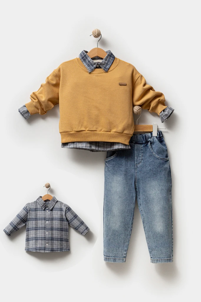 Erkek Bebek Gömlek Sweatshirt ve Kot Pantolon 3'lü Takım 9064 - TURUNCU
