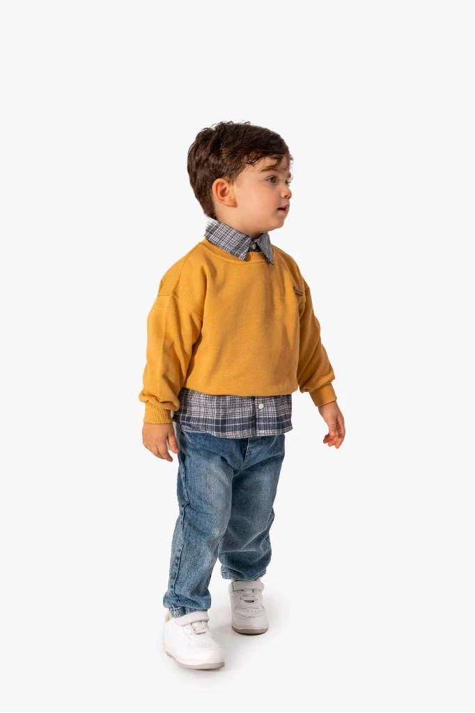 Erkek Bebek Gömlek Sweatshirt ve Kot Pantolon 3'lü Takım 9064 - TURUNCU