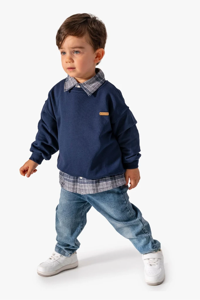 Erkek Bebek Gömlek Sweatshirt ve Kot Pantolon 3'lü Takım 9064 - LACİVERT