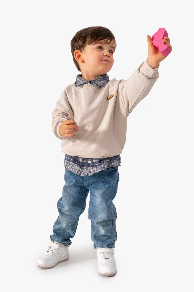 Erkek Bebek Gömlek Sweatshirt ve Kot Pantolon 3'lü Takım 9064 - GRİ