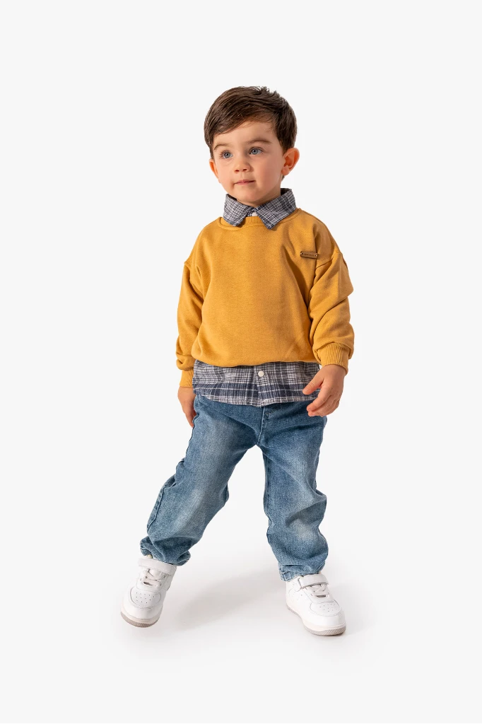 Erkek Bebek Gömlek Sweatshirt ve Kot Pantolon 3'lü Takım 9064 - TURUNCU