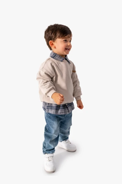 Erkek Bebek Gömlek Sweatshirt ve Kot Pantolon 3'lü Takım 9064 - GRİ