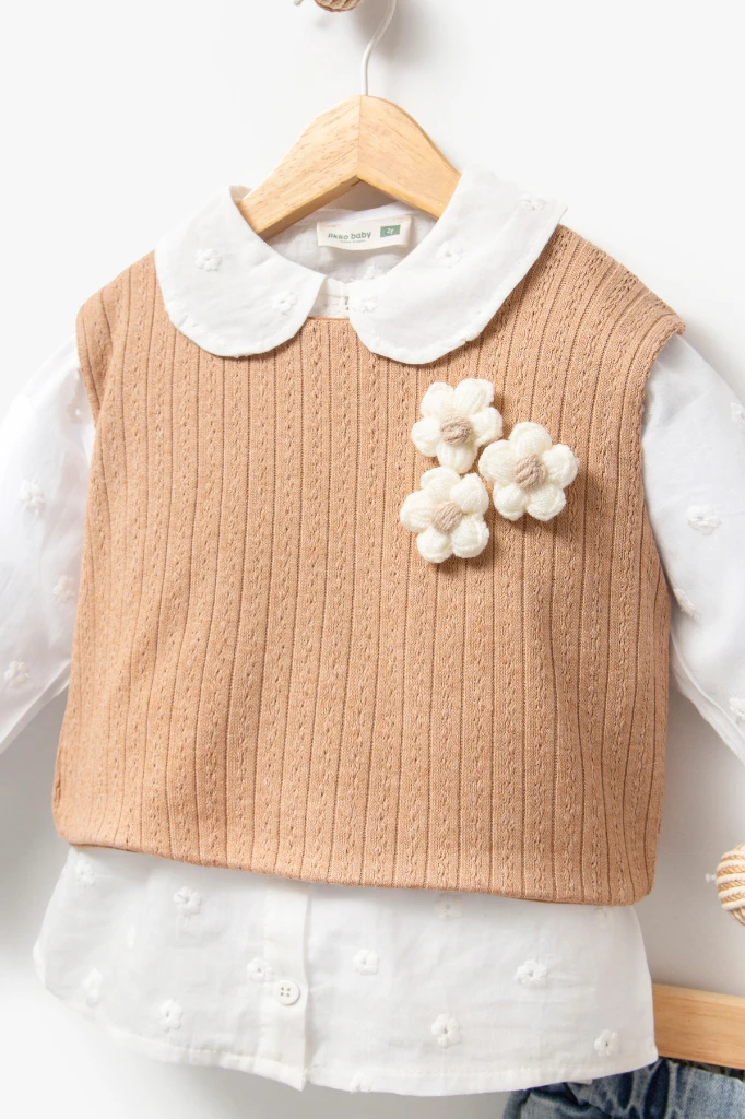 Çiçekli Yelekli Bayramlık 3'lü Kız Takımı 9084 - KAHVERENGİ