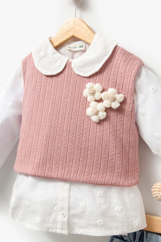 Çiçekli Yelekli Bayramlık 3'lü Kız Takımı 9084 - GÜL KURUSU