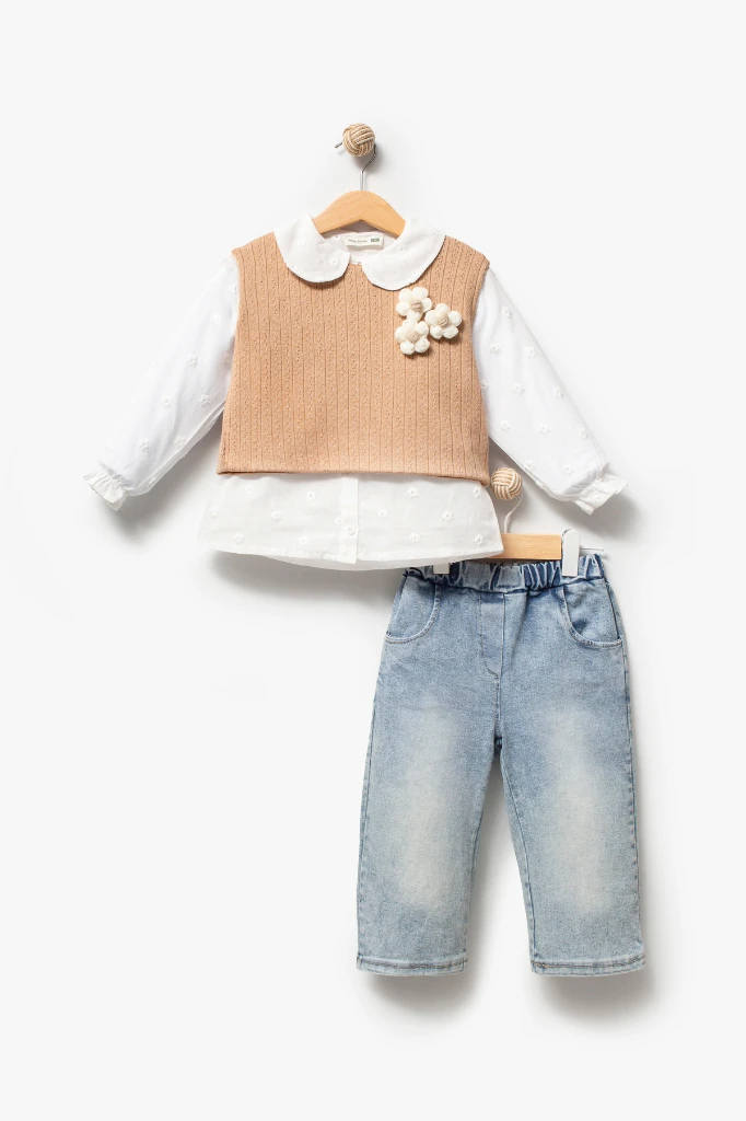 Çiçekli Yelekli Bayramlık 3'lü Kız Takımı 9084 - KAHVERENGİ