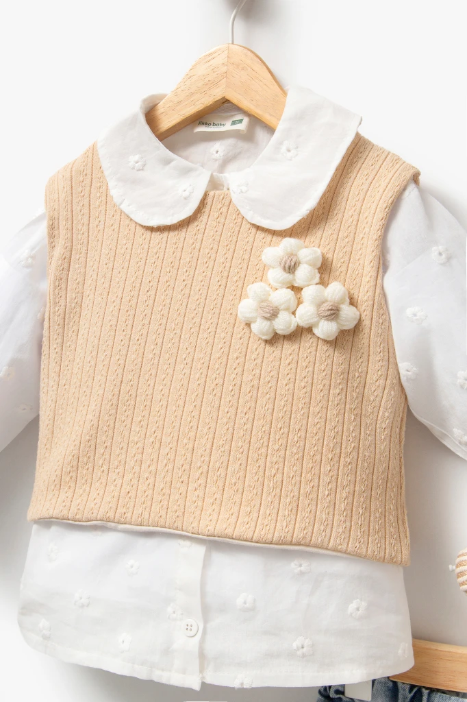 Çiçekli Yelekli Bayramlık 3'lü Kız Takımı 9084 - BEJ