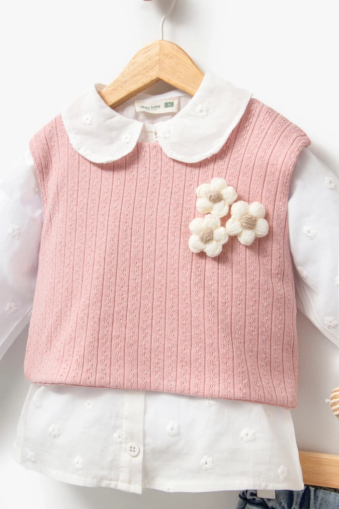 Çiçekli Yelekli Bayramlık 3'lü Kız Takımı 9084 - PEMBE