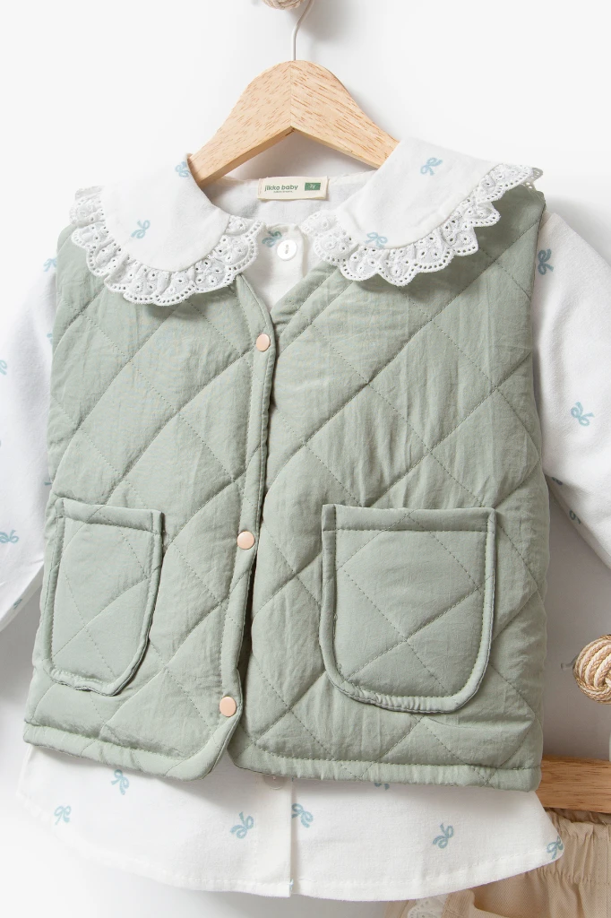 Dantel Yaka Yelekli 3'lü Bebek Takımı 9086 - YEŞİL