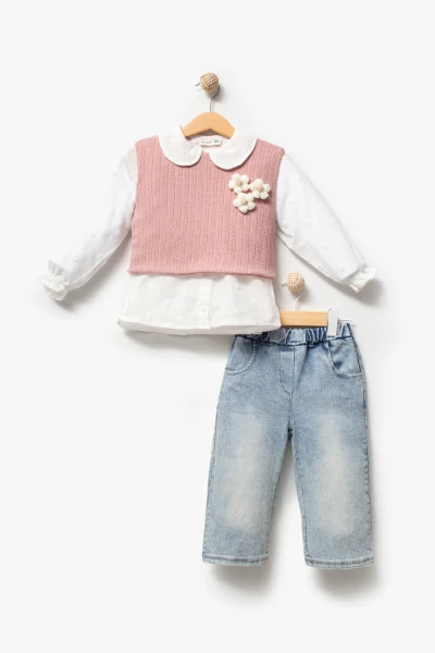 Çiçekli Yelekli Bayramlık 3'lü Kız Takımı 9084 - GÜL KURUSU